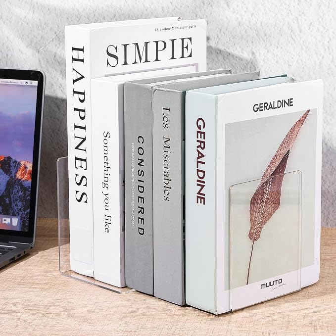 16 Pcs Clear Acrylic Bookends, Heavy Duty L Shaped Dividers for Shelves, Organizer for Books Movies CDs, for Home Office Library, 5.1x3.9x3.9 Inches
