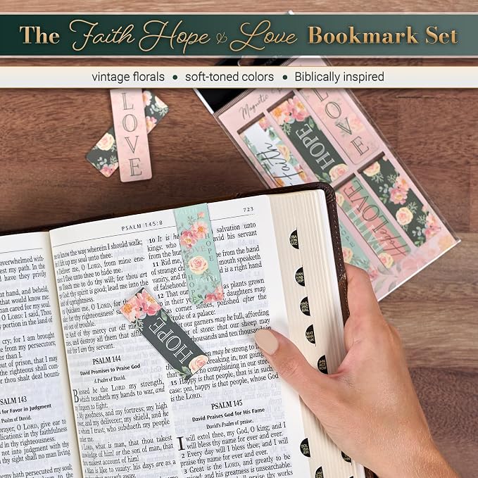 Christian Art Gifts Magnetic Scripture Bookmark Set for Men and Women: Faith, Hope, Love - 1 Corinthians 13:13 Inspirational Pink Rose Themed Magnetic Pagemarkers Set of 6 for Bibles, Size 2.3" x 0.8"