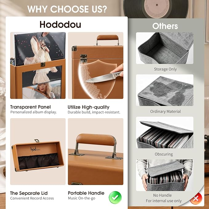 Hododou Vinyl Record Storage Box with Lock Record Organizer Storage for 30+ Single Records 12-inch Water Resistant Collapsible Storage Crate with Lid Handle Mesh Pouch for Vinyl Collect Acrylic Brown