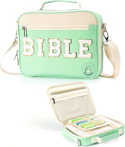 PLOZANO Bible Cover Case for Women, Large Chenille Letter Bible Bag with Shoulder Strap,Green Bible Carrying Tote Bags for Bible Study Accessories, Gift for Women Lady Teen Grils (Green)