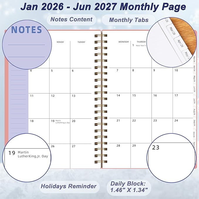 Day Planner 2026-2027, Weekly and Monthly Planner 2026, from Jan 2026-Jun 2027, 18 Month Agenda Book with Tabs, A5 Size, Pink