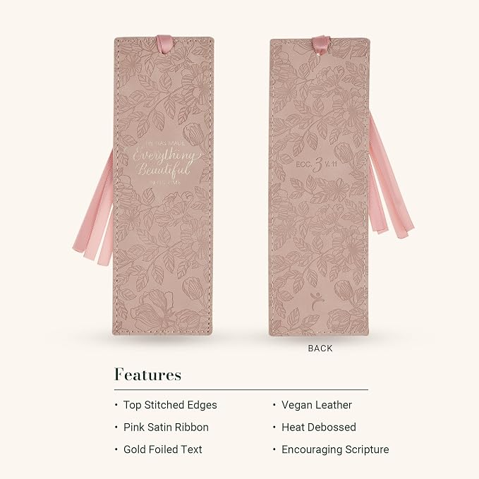 Christian Art Gifts Premium Vegan Leather Motivational Scripture Bookmark for Women: Everything Beautiful Encouraging Bible Verse, Smooth Satin Ribbon, Debossed Floral Reading Accessory, Pastel Pink