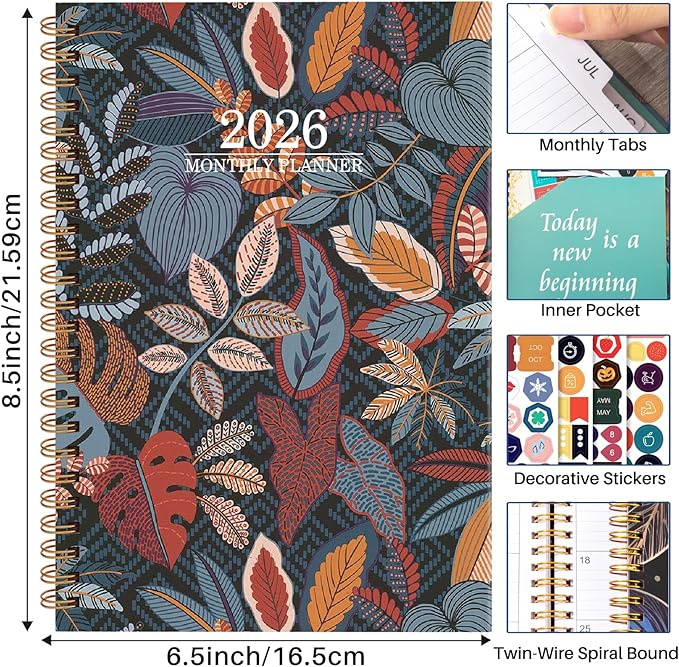 Planner 2026 - Weekly and Monthly Calendar Academic Planner, 2026 Yearly Daily Calendar Planning Agenda Book with Month Tabs, Jan to Dec 2026, With Stickers for Home Office School, 6.5" x 8.5" (Vector leaves)