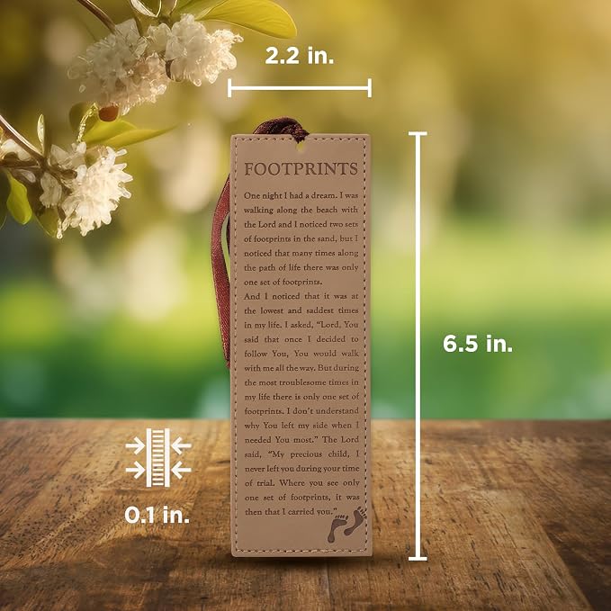 Christian Art Gifts Vegan Faux Leather Scripture Bookmark for Men and Women: Footprints in The Sand - Inspirational Poem Heat-Debossed, Faith-Based Reading Book Accessory with Ribbon Tassel, Brown