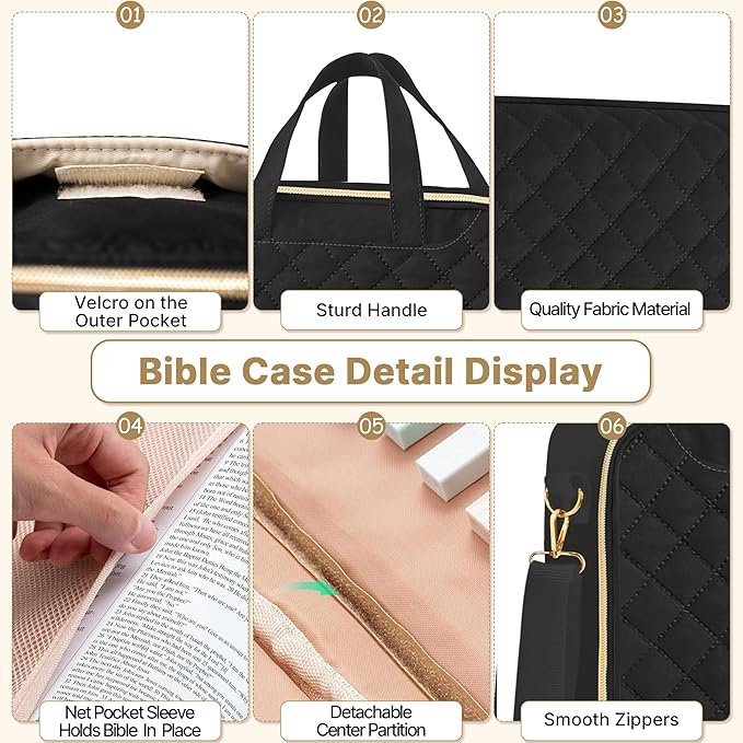 PUGPIU Bible Cover Case for Women, Large Quilted Bible Bag with Shoulder Strap and Handle, Bible Study Supplies Journaling Kit with Highlighters Pens No Bleed Tabs Notebook Cross Clips (Black)