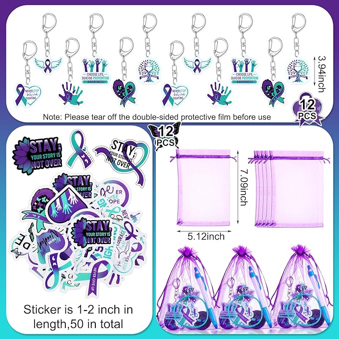 122 Pcs Ribbons Awareness Accessories Includes Ribbons Bracelets Stickers Pins Pens Keychain for School Charity Fundraiser Public Activities Supplies(Suicide Prevention,Teal Purple)