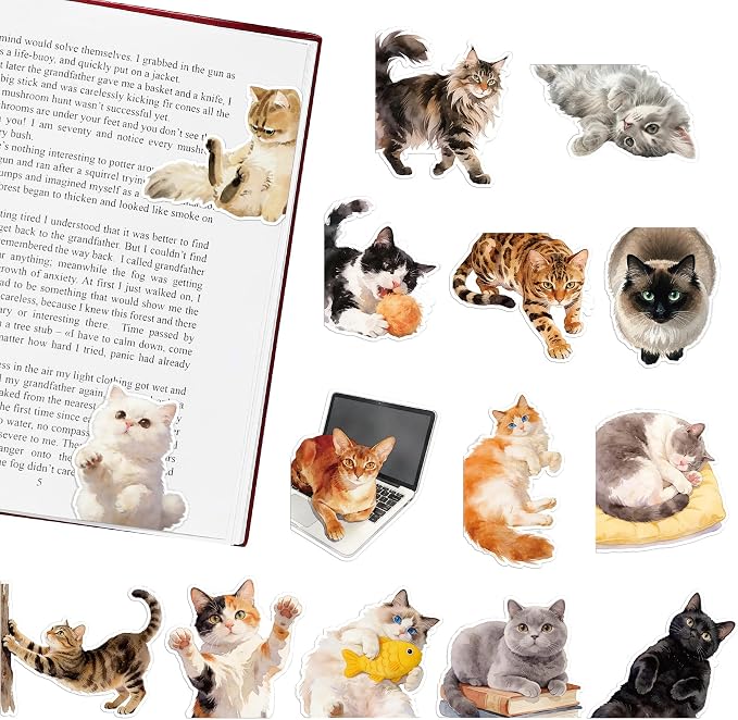Cats Magnetic Bookmarks Gifts - 15 Pcs Cute Funny Bookmark for Women Kids Cat Lovers Students Bookworms Birthday Graduation Gift Animals Magnet Page Clips School Office Reading Accessories