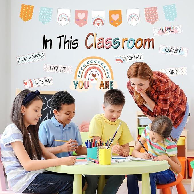 31 Pcs Bulletin Board Decorations Set Boho Classroom Decor Rainbow Motivational Word Wall Bulletin Board Set for Teachers School Chart Wall Supplies