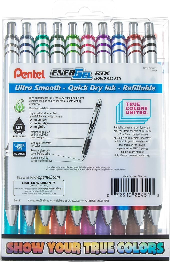 Pentel EnerGel RTX True Colors United 0.7mm Medium Line, 20 Assorted ink Colors, Pack of 20 pens BL77PC20MTCU