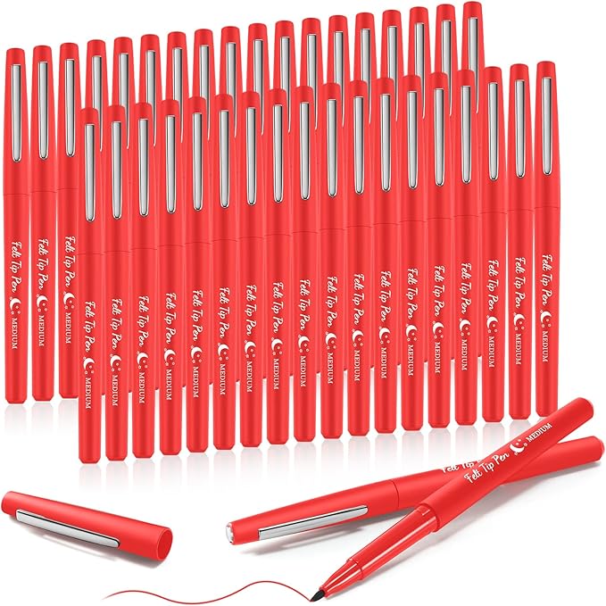 Fuyoooo 36 Pcs Red Felt Tip Pens 0.7mm Medium Point Felt Tip Marker Pens Bulk, No Smear, Quick Dry for Journaling Planner Writing Note-taking Art Office and School Supplies