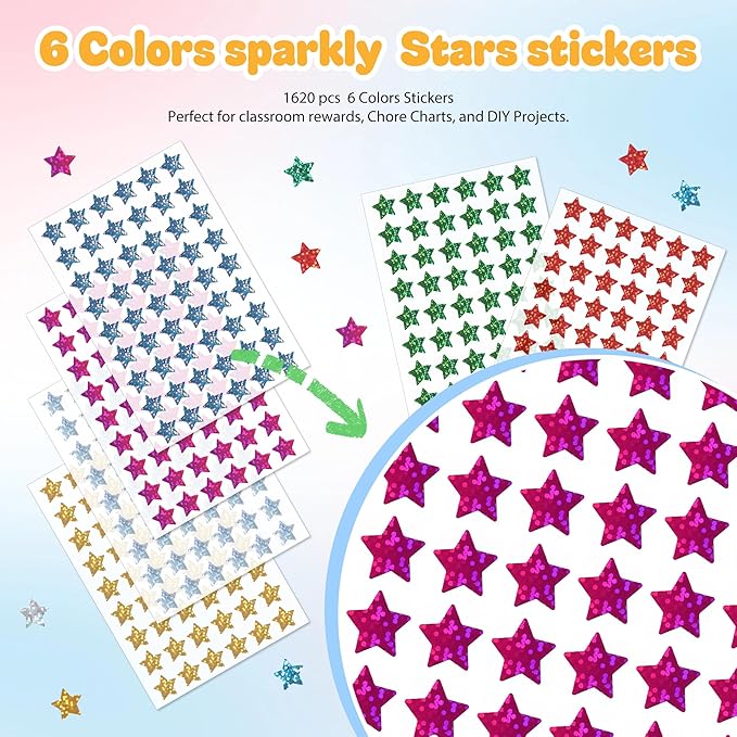1,620 Holographic Glitter Star Stickers 0.6", 6 Colors Self-Adhesive Mini Stickers for Kids, Classroom, Teacher Supplies, Behavior Charts, Planner, Scrapbooking, Holiday, Party Favors and DIY Crafts