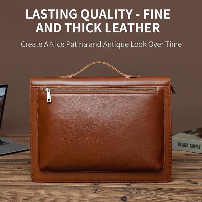 YIWEN Handmade Leather Portfolio with Handle – Zippered Front Pocket, Clip for Letter Size Notepad, Business Travel Padfolio