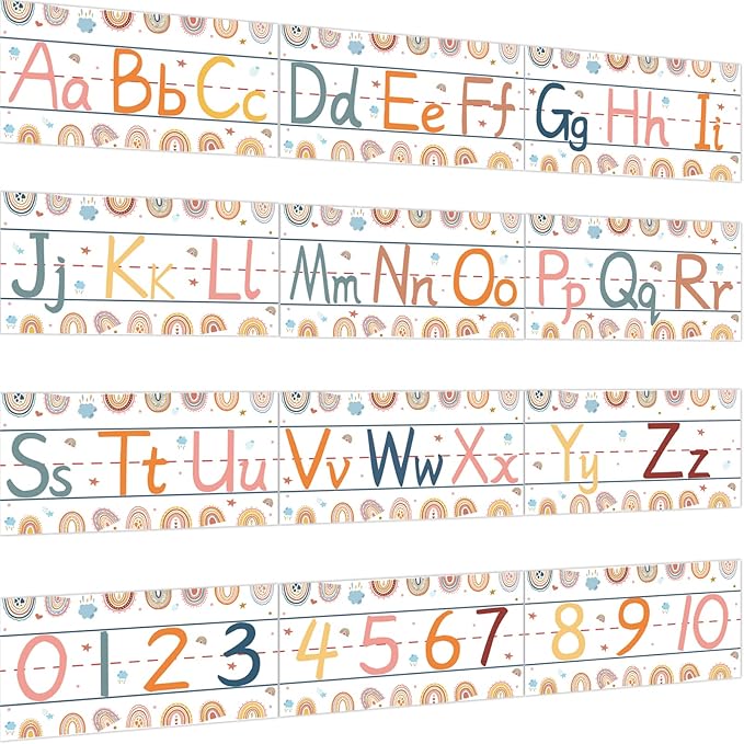 gisgfim 12 Pieces Alphabet Bulletin Board Strips Set Boho Rainbow Alphabet Line ABC Alphabet Banner & Number Border Posters for Preschool Kindergarten Classroom Playroom Bedroom (Boho)