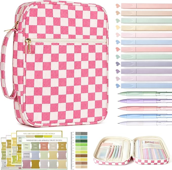 Bible Cover case for Women,Large Bible Bag,Bible Study Supplies,Checkered Corduroy Bible Case for Girls,Christian Gifts for Women,Mother's Day(Pink Large)