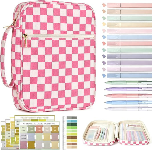 Bible Cover case for Women,Large Bible Bag,Bible Study Supplies,Checkered Corduroy Bible Case for Girls,Christian Gifts for Women,Mother's Day(Pink Large)