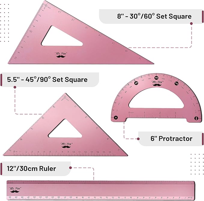 Mr. Pen- Metal Geometry Kit, 4 Pack, 45° & 30°/60° Set Squares, 6" Protractor & 12" Ruler, Durable Metal Drafting Tools for Technical Drawing, Math, Engineering & Architecture