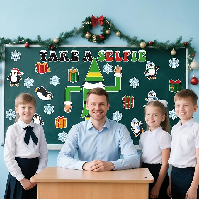 Christmas Bulletin Board Decoration - 46pcs Xmas Elf Cutout Door Decor Set, Winter Penguin Window Fireplace Chalkboard Classroom Wall Accents Ideas Kits for School Class Home Supplies