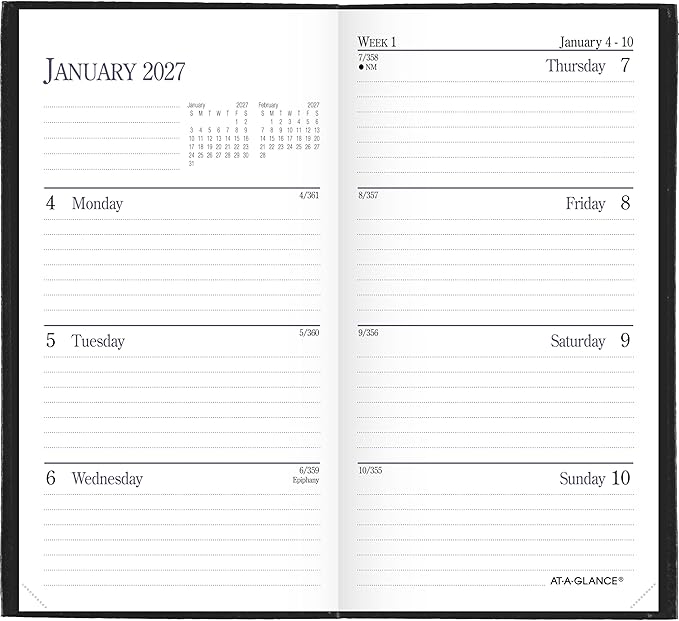 AT-A-GLANCE 2027 Planner, Weekly & Monthly, 3" x 6", Pocket Size Fine Diary, Faux Leather Hardcover, Black (72020527)