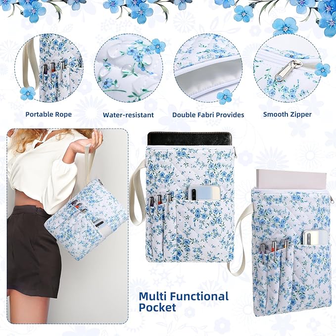 Gilprop Blue Floral Bible Book Sleeve with Zipper 11" x 9" Padded Protector Washable Quilted Book Covers Printed Bible Pouch with Handle Pockets Protector for Books Lover Mother's Day Christian Gifts