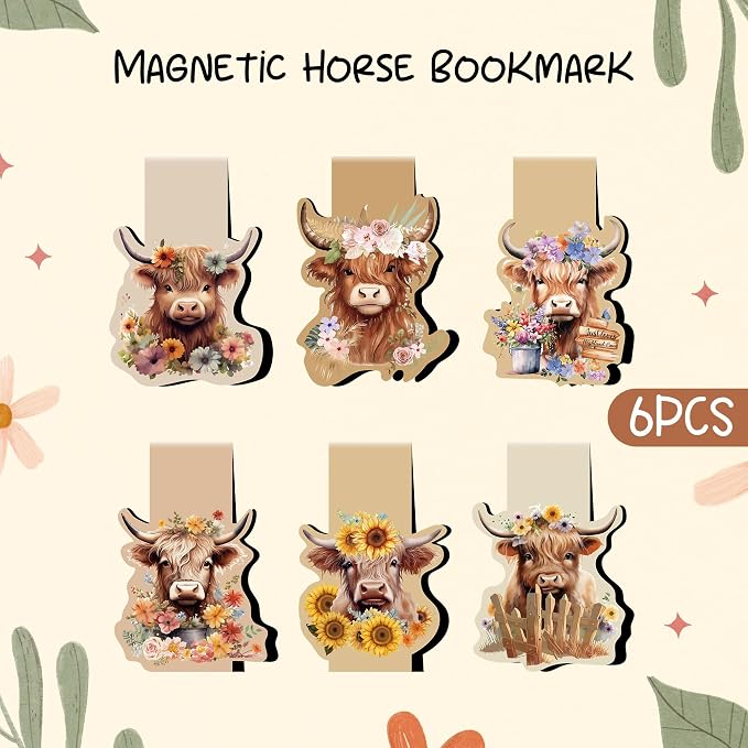 Highland Cow Magnetic Bookmarks - 6 Pack Book Marks Animals Shapes Magnets Bookmark Gifts Animal Paper Art Mark Party Office School Accessories Gift for Boys Girls Student Women Teacher