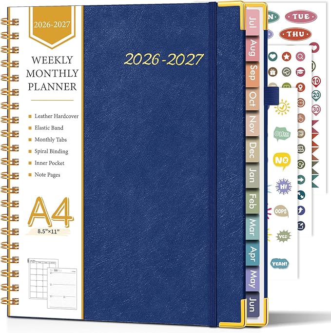 Academic Planner 2026-2027, Hardcover Leather Weekly and Monthly Calendar Planner from July 2026 - June 2027, A4 8.5" x 11" Daily Agenda with Tabs, College School Organizer for Student Teacher, Night Sky Blue