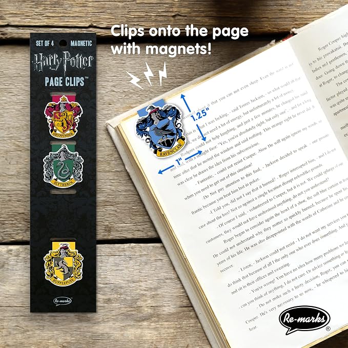Re-Marks “Harry Potter” Hogwarts House Crests and Wizards Magnetic Page Clips, 2 Sets of 4 Page Clips, 8 Clips Total