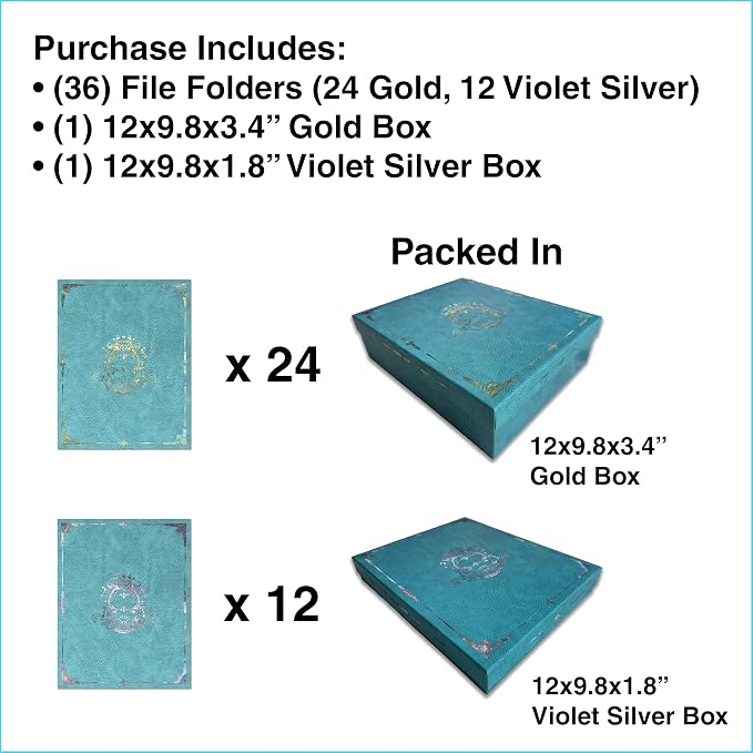 36 Pack Decorative File Folders in Two Matching Boxes, 24 Gold & 12 Violet Silver Designs On Blue Leather, Letter Size 9.2x11.7 Inch Colored Folders, Full Color Outside & On Pockets with Beige Lining