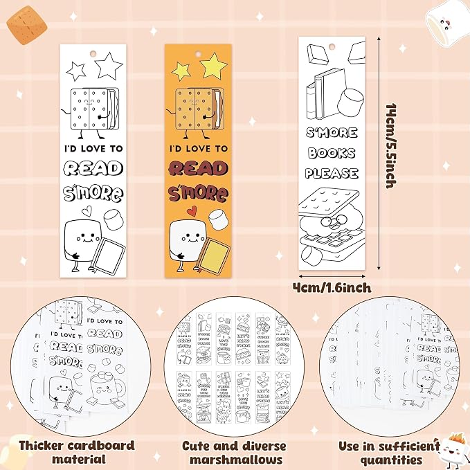 Marshmallow Color Your Own Bookmarks for Kids - Summer Gifts 123Pcs Loves You S'More Reading Theme DIY Coloring Blank Paper Bookmarks, Classroom Art Craft Party Favor for Kid Student Teacher
