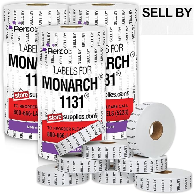 Perco Sell BY Labels for Monarch 1131 Price Gun - Buy 2 Sleeves Get 1 Free! 24 Rolls, 60,000 Labels - with Bonus Ink Rolls
