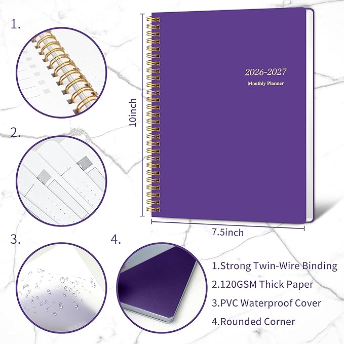 Monthly Planner 2026-2027, Jan 2026 - Dec 2027, 2 Year Calendar 2026-2027 Monthly Planner, 7.5" x 10", 24 month Calendar With Goals To Do List, Habit Tracker Suitable for Schools & Offices & Home, Purple