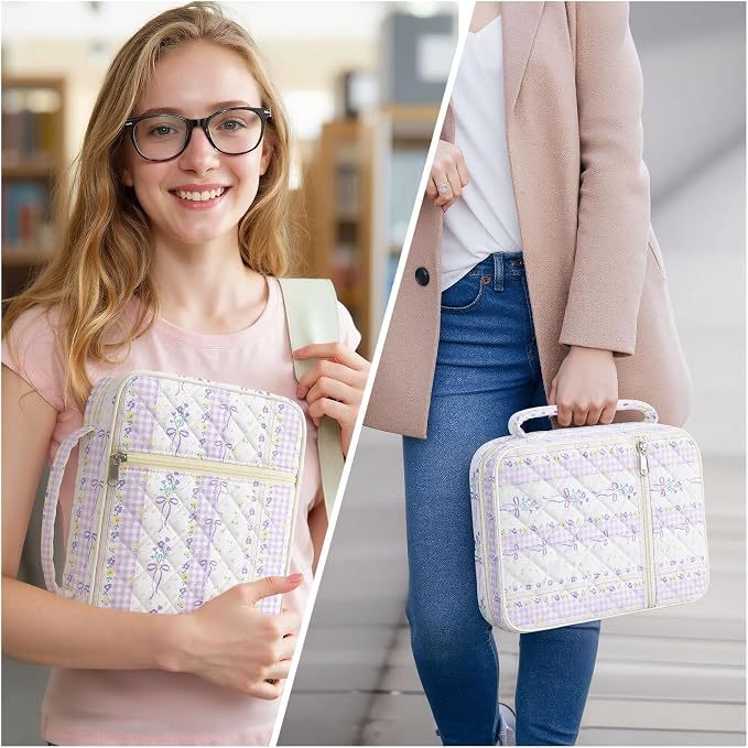 WOBAGMEN Bible Cover Case for Women,Large Bible Tote Bags Organizer Quilted Carrying Case for Girls,Bible Study Supplies Accessories Christian Gifts for Women (Purple Bow Floral pin, M)