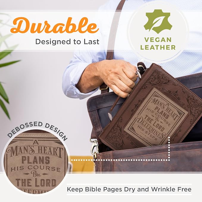 Christian Art Gifts Men's Classic Bible Cover A Man’s Heart Proverbs 16:9, Brown/Tan Faux Leather, Medium