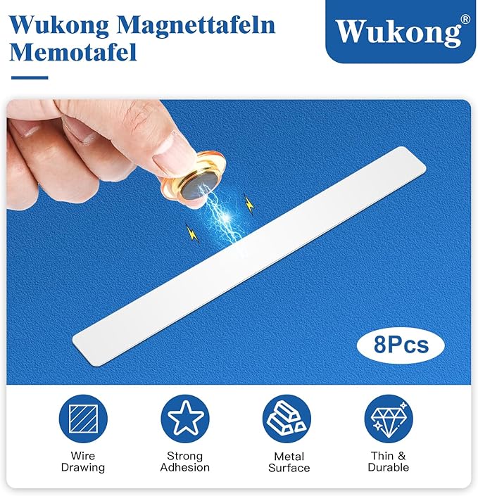 Wukong 8 Pack | 30x3cm(11.81 x 1.18) Magnetic Stainless White Boards Strips, Adhesive Backing Bulletin Bar Board, Memo Board with 32Pcs Colorful Magnets for Office, Home, Photo Wall, Documents