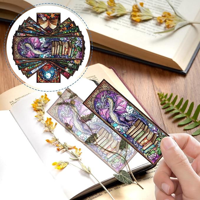 Dragon Stained Glass Transparent Bookmark - Wxiben 10 Pcs Fantastic Transparent PVC Bookmark Cool Dragon Floral Book Mark Page Clips Gifts for Women Men Book Lovers Teacher Student Bookish Readers