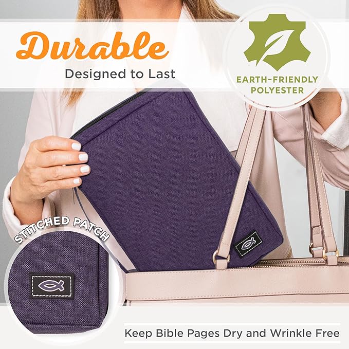 Christian Art Gifts Men/Women's Bible Cover Jesus Fish, Purple Canvas, Large
