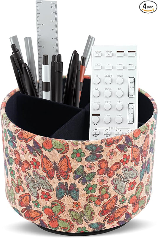 Round Leather Art Supply Organizer,Remote Control Holder,360 Degree Spinning,Multi-Functional Pencil Holder,4 Compartments Desktop Stationary Organizer(1-Color Butterfly)