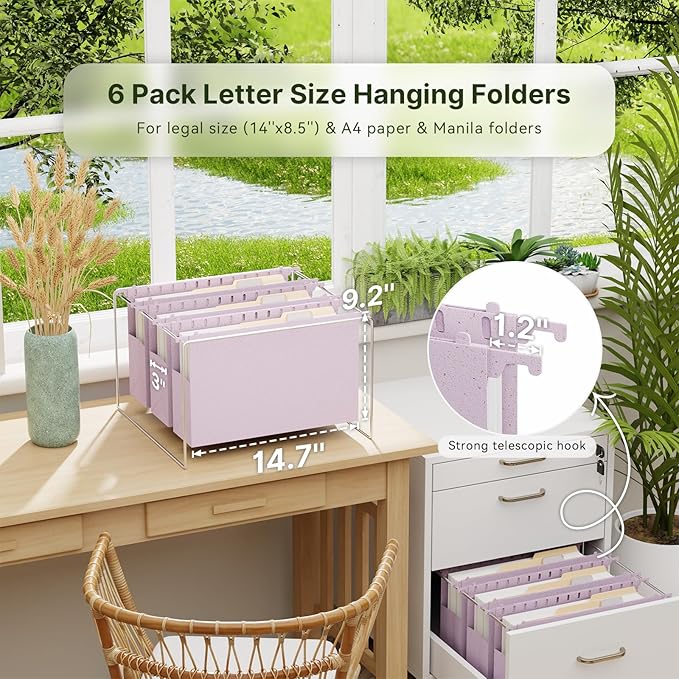 XINGIA Legal Size Hanging File Folders Extra Capacity,3'' Expansion Plastic File Folders Hanging with Tabs,6 Pack Wheat Straw Heavy Duty File Cabinet Folders for Office School,Expanding File Folder