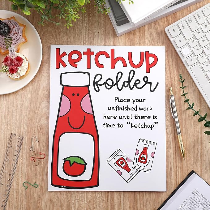 MotiMind 6 Pcs Ketchup Folders with Pockets 11.5 x 9.5 inches Cute Coated Paper 2 Pocket Folders for School Office Business Home