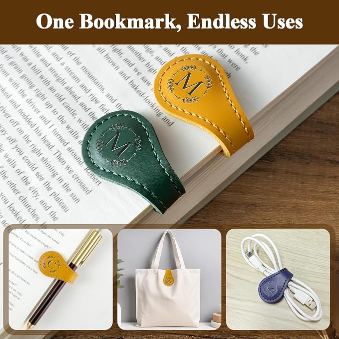 Personalized Leather Magnetic Bookmark with Pen Holder – Custom Initial Design for Readers（Brown-E）