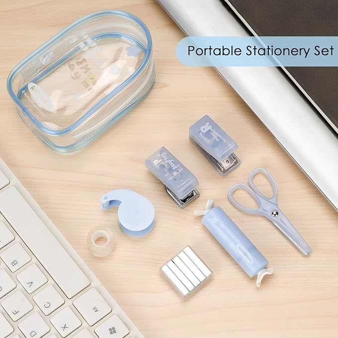 7PCS Office Supplies Kit - Mini Size for Portability, Set for Convenient and Efficient Office Work, Back to School, Mini Stationery Organizer Set: Compact Scissors, Hole Punch, Portable