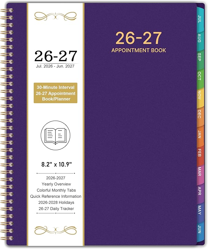 2026-2027 Appointment Book/Planner - 8.2" x 11", Daily Planner 2026-2027 from Jul. 2026 - Jun. 2027, Daily Hourly Planner with 30-Minute Interval, 12 Monthly Tabs, Back Pocket