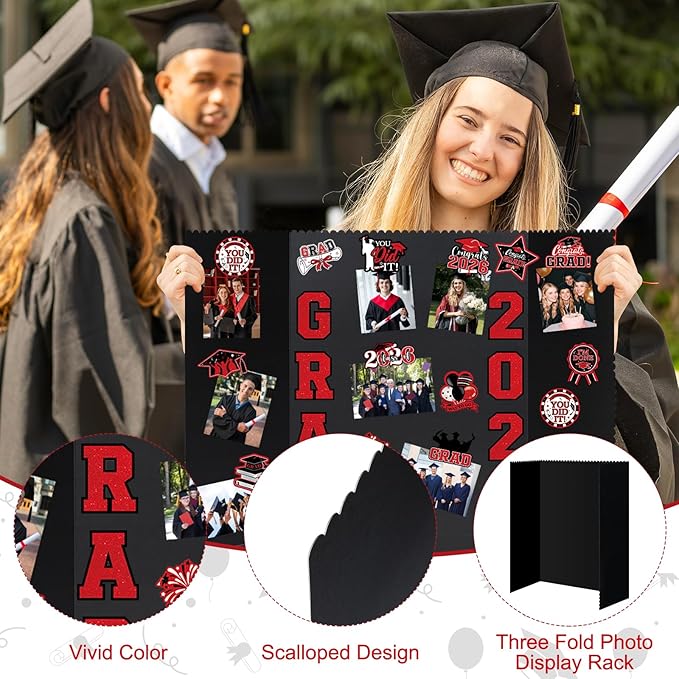 4 Set Graduation Photo Display Board, Class of 2026 Black Red Trifold Poster Board with Grad Pattern Stickers, Graduation Photo Props Collage for Multiple Pictures Party Decorations, 16x24 Inch