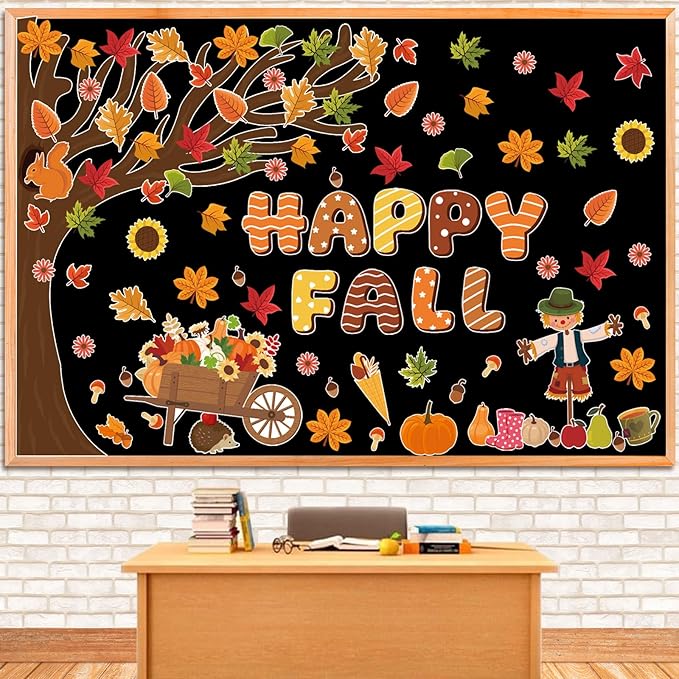 109Pcs Happy Fall Bulletin Board Decorations Set Autumn Thanksgiving Fall Tree Maple Pumpkin Leaf Scarecrow Cutouts with Glue Points for Home School Chalkboard Wall Decor