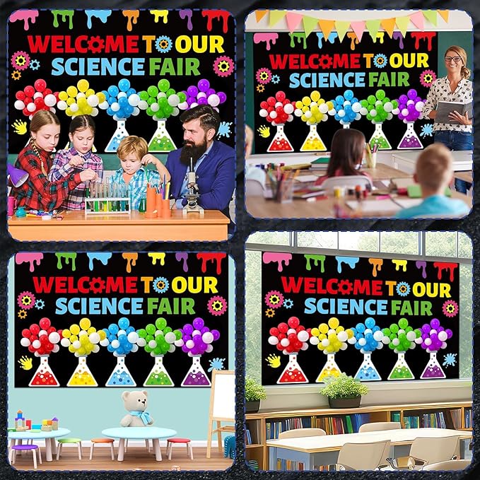 Science Bulletin Board Set 3D Balloon Welcome to Our Science Fair Board Craft for Classroom Decorations Colorful Balloons Chemistry Lab Cutouts for School Library Home Wall Decor Supplies