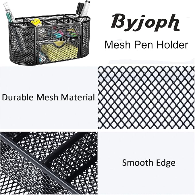 Black Mesh Pen Holder Desk Organizer Cute Office Supplies Pencil and Marker Organizers Oval Desk Caddy with 8 Compartments and 1 Drawer Workspace Accessories for Office School Home
