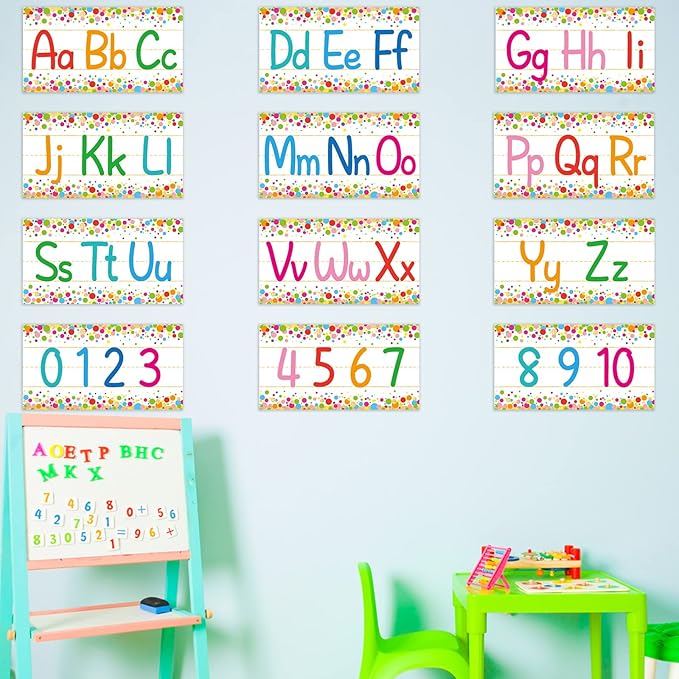 12 Pieces Alphabet Bulletin Board Strips Set Alphabet Line ABC Alphabet Banner & Number Border Posters for Preschool Kindergarten Classroom Playroom Bedroom (Confetti)