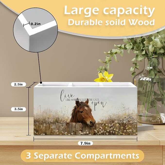 Inspirational Horse Pen Pencil Holder, Gifts for Horse Lovers, Live Like Someone Left the Gate Open Wooden Pen Pencil Organizer for Farmhouse Home Office Desk Decor