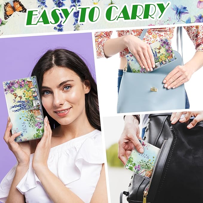 Gueevin 2026 Pocket Calendar for Purse with Pen Small Pocket Planner Handy Weekly Monthly Planner Journal Writing Notebook Valentine New Year Gift Sister Friend Women(Garden,Light Green)