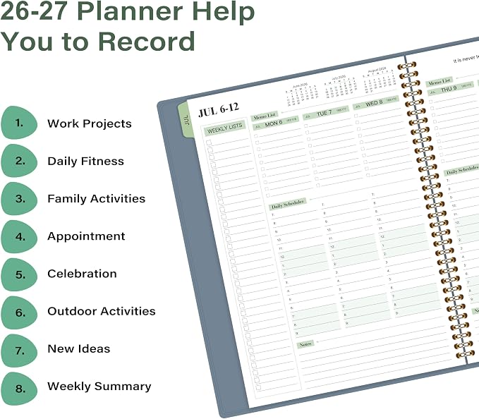 2026-2027 Planner - Business Planner 2026-2027, 3-Tier Schedule Planner Notepad, JUL 2026 - JUN 2027, 26-27 Appointment Book, Daily Planners, 8.74" x 11.38", 60 Minutes Intervals + Monthly Tabs + Leather Cover + Pocket - Pea Green