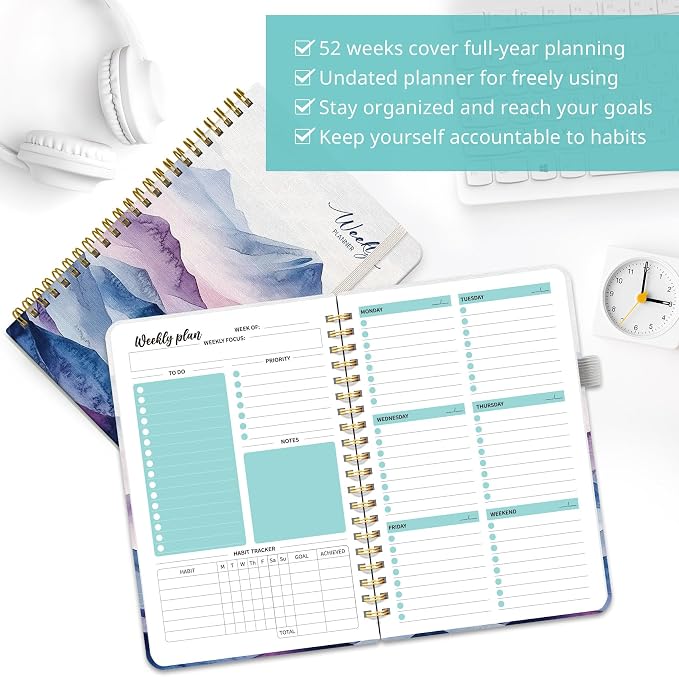 Taja Undated Weekly Planner, Weekly To Do List Notebook with Goal & Habit Tracker Organizer, A5 Weekly Planner Notebook with Spiral Binding, 6.1" x 8.2" - Distant Peaks